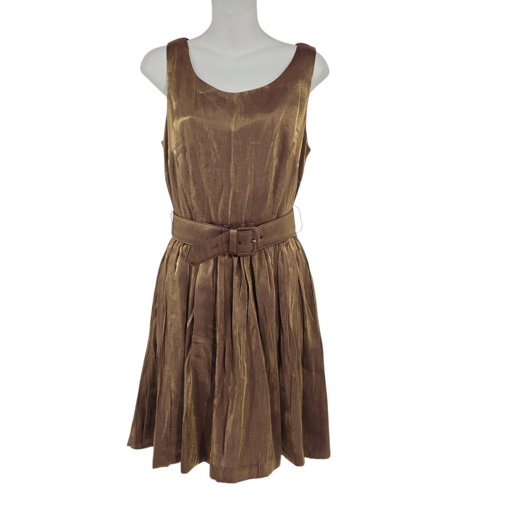 Francine Browner Dress Women 8 Bronze Metallic Belted Sleeveless Party Cocktail